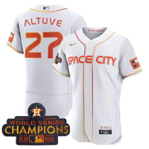 Men's Houston Astros #27 Jose Altuve White With 2022 World Serise Champions Patch Stitched Baseball Jersey